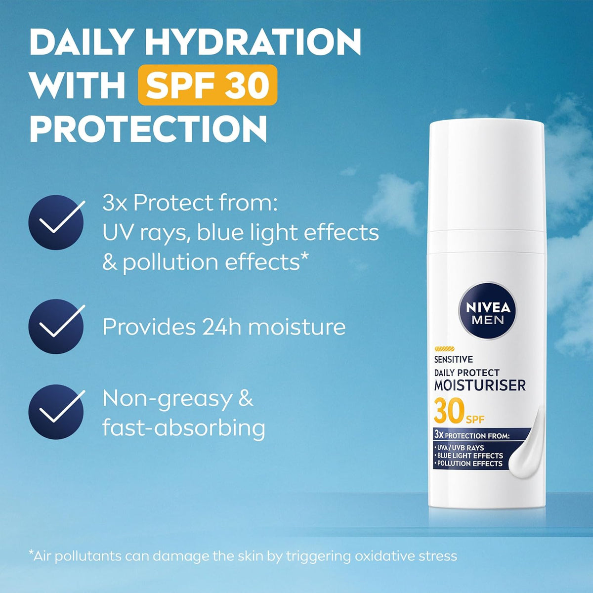 Sensitive Daily Protect Moisturiser SPF 30 (50Ml), Moisturising Men'S Face Cream Suitable for Sensitive Skin, Lightweight Face Moisturiser with UV Protection, Non-Greasy Formula