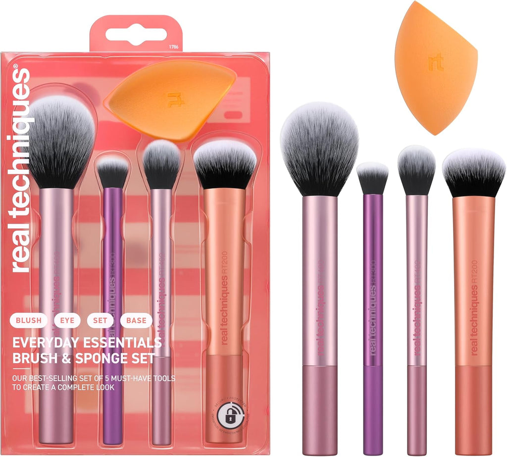 Everyday Essentials + Makeup Sponge Kit for Foundation, Blush, Bronzer, Eyeshadow, Powder, Synthetic, Cruelty-Free Tools and Blender for Flawless Looks, 5 Piece Set