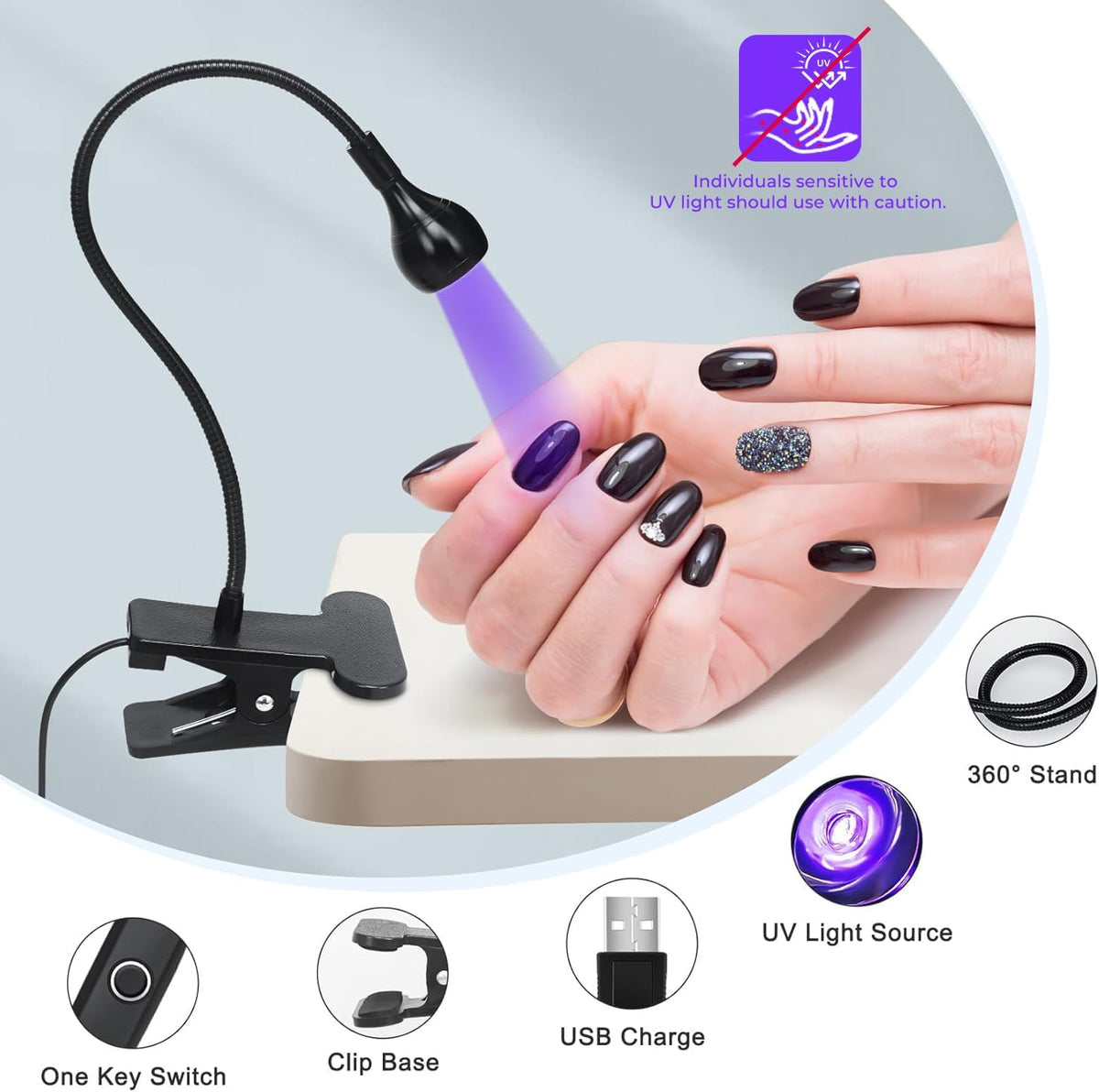 Flexible Gooseneck LED UV Nail Flash Cure Lamp with Clamp (Black) — Curated by Antarta