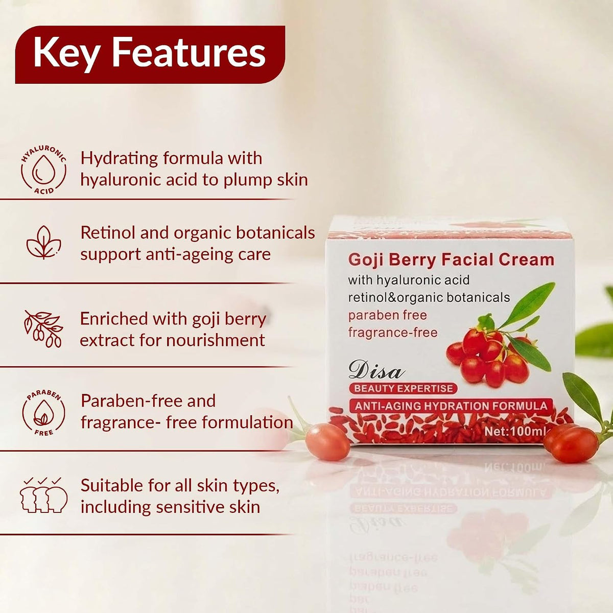 Goji Berry Anti-Ageing Face Cream with Hyaluronic Acid & Retinol (100ml) — Curated by Antarta