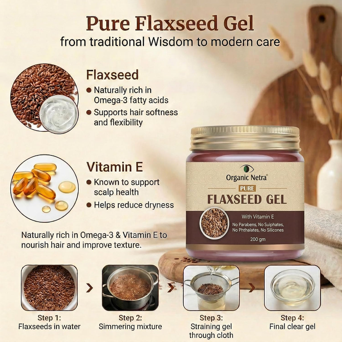 Pure Flaxseed Gel with Vitamin E for Hair & Skin, Strengthens & Nourishes Hair & Skin Health, Safe & Mild for All Skin Type, Reduces Fine Lines & Wrinkles, 200Gm